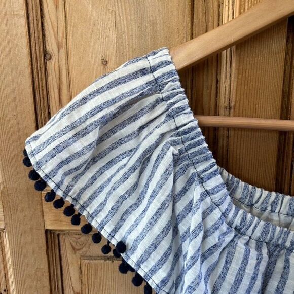 Joy Joy Large White Blue Striped‎ Blouse Off The Shoulder Embrodiered - Picture 3 of 12